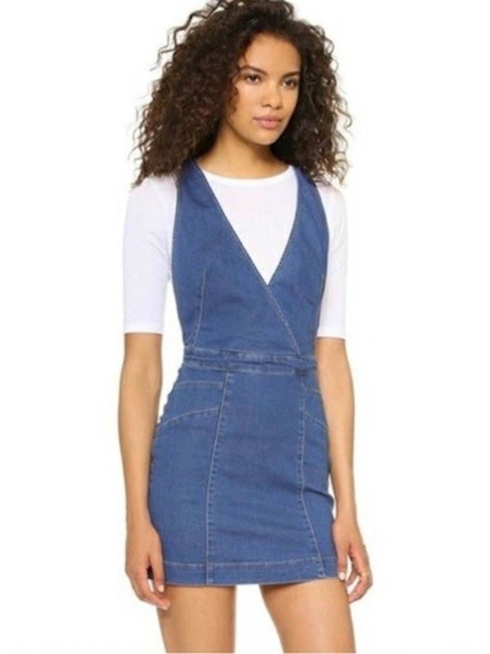 Free People Blue Denim Overall V Neck Mini Festival Dress